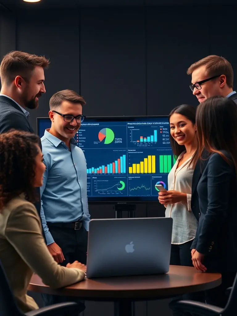 A professional team of IT consultants collaborating on a complex data analysis project, showcasing S4B Tech's expertise in improving operational efficiency for clients.