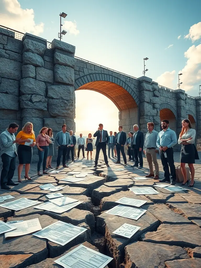 A visually striking image depicting a broken bridge between a strategic plan (represented by blueprints) and a team struggling to implement it. The image should convey the frustration and inefficiency of strategy misalignment.