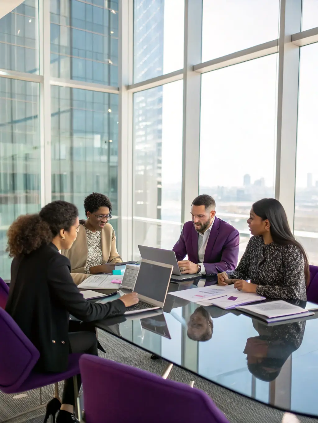 A diverse team of S4B Tech consultants collaborating on a complex IT project, showcasing their expertise and problem-solving skills in a modern office environment.