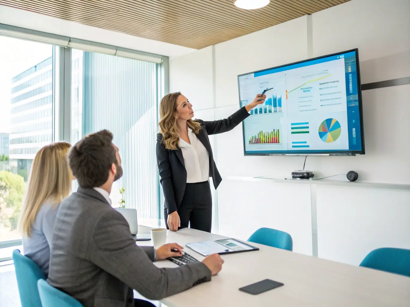 A professional project manager overseeing a team meeting in a modern office setting, emphasizing collaboration and strategic planning.