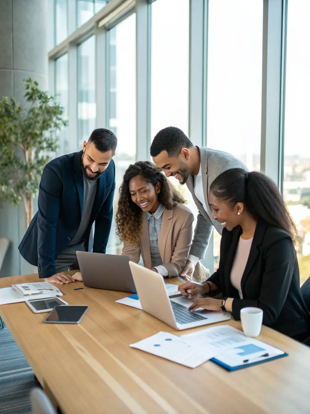 A diverse team of S4B Tech consultants collaborating on a complex IT solution, showcasing their expertise and problem-solving skills in a modern office environment.
