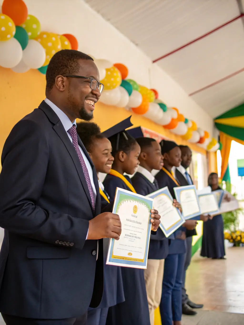 A group of trainees celebrating their successful completion of a training program, holding certificates and smiling, symbolizing achievement and career advancement.