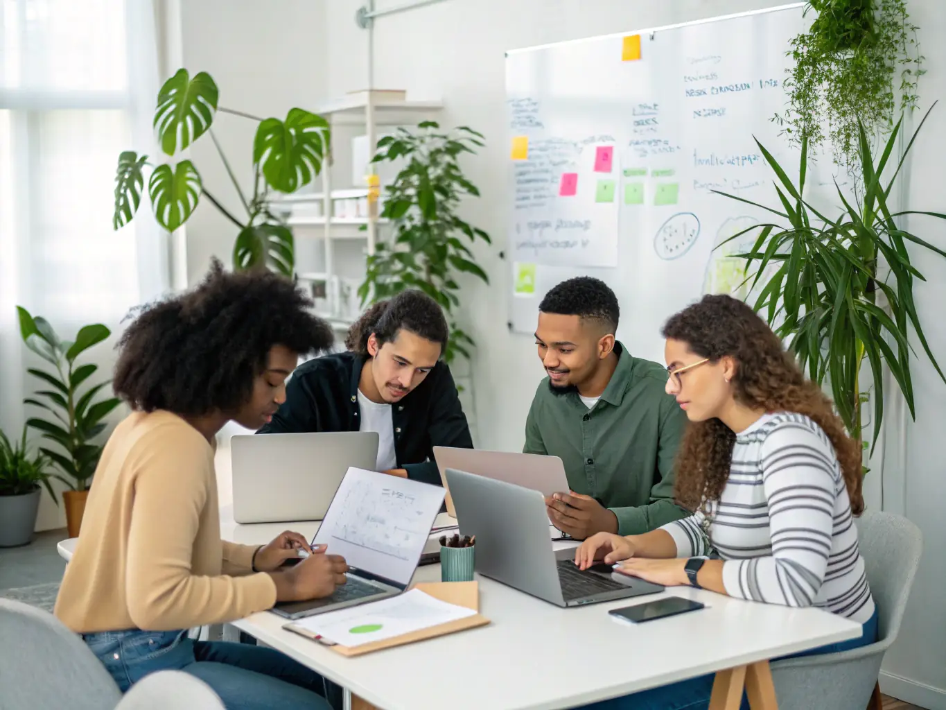 A diverse group of employees collaborating in a transparent and open office space, symbolizing organizational culture.