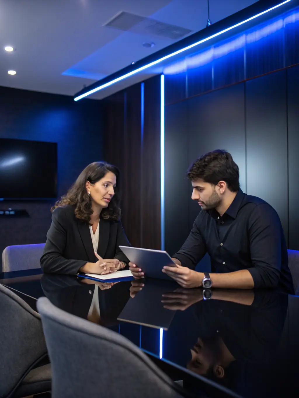 A project manager reviewing a comprehensive evaluation report with a client, discussing key performance indicators and strategies for closing the deal, illustrating S4B Tech's evaluation process.