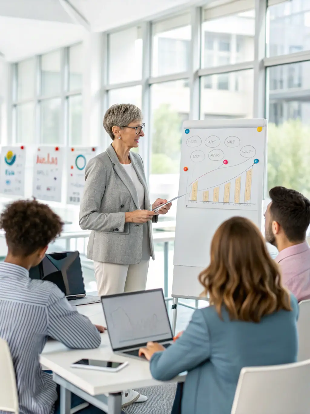 A consultant facilitating a workshop on business model innovation, using digital tools and collaborative whiteboards to redefine a client's business strategy.