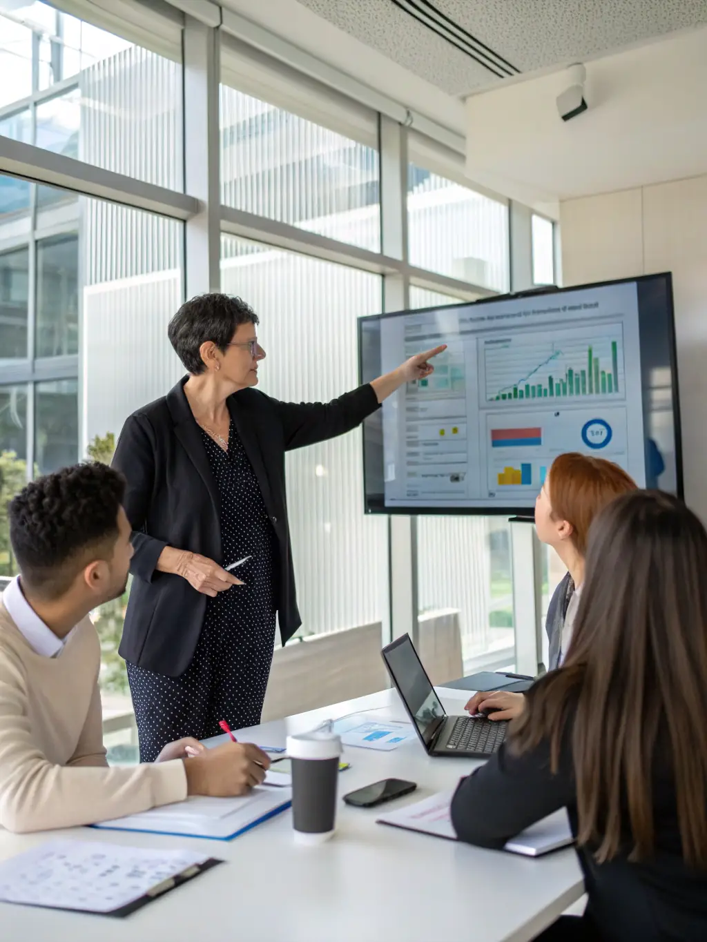 A consultant in a meeting room, leading a Business Continuity Planning (BCP) session with a diverse team, focusing on risk assessment and mitigation strategies.