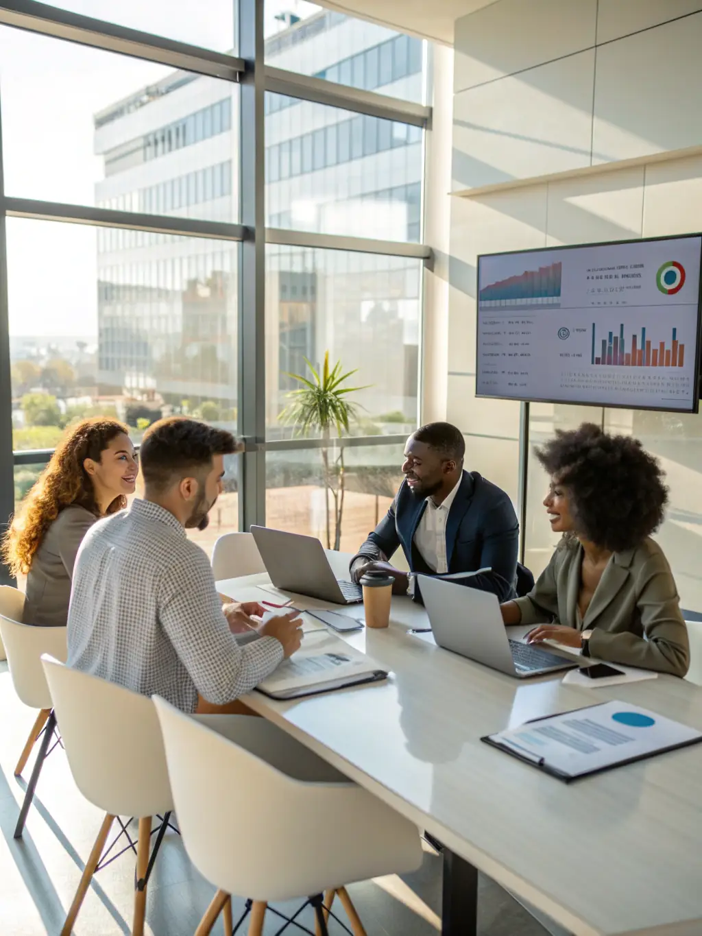A collaborative meeting between finance and IT teams, discussing strategic alignment of financial goals and technical operations using FinOps principles.