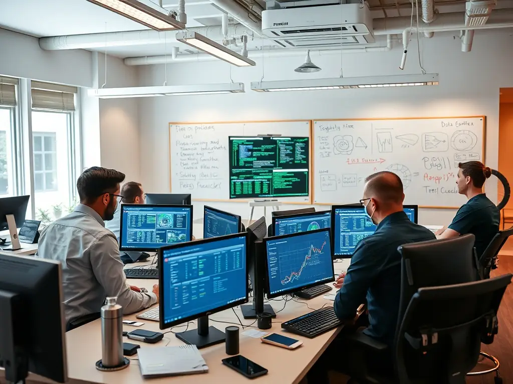A team of data scientists analyzing complex datasets on large monitors, visualizing trends and insights in a brightly lit, collaborative workspace.