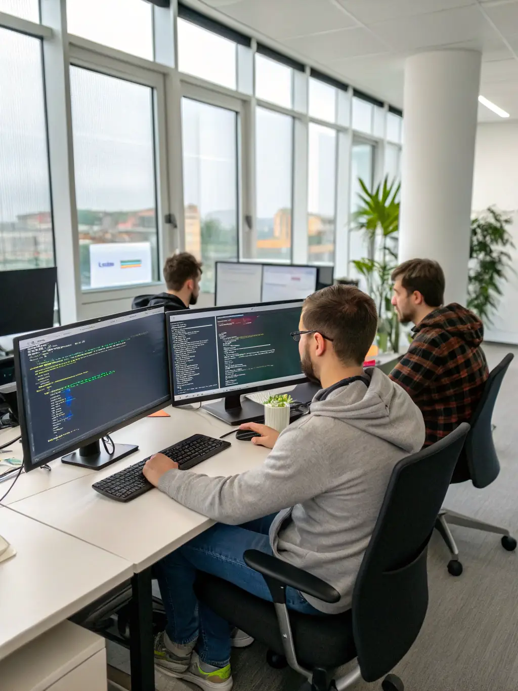 A team of software engineers collaborating on a complex coding project, using multiple monitors and advanced development tools, emphasizing innovation and cutting-edge technology solutions.