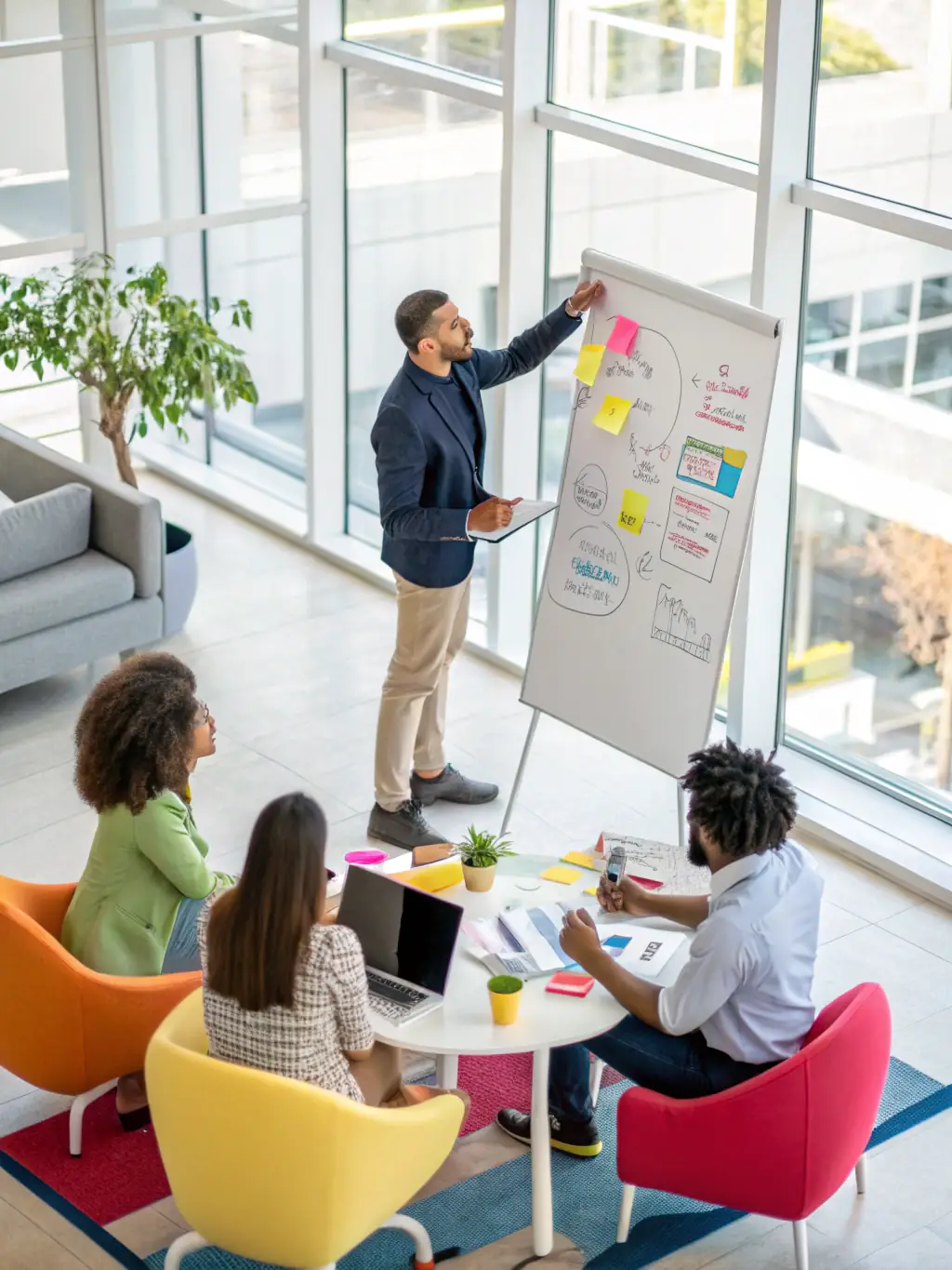 A consultant in a modern office setting, leading a strategic planning session with a diverse team, brainstorming ideas on a whiteboard, with a focus on long-term business goals and market analysis.