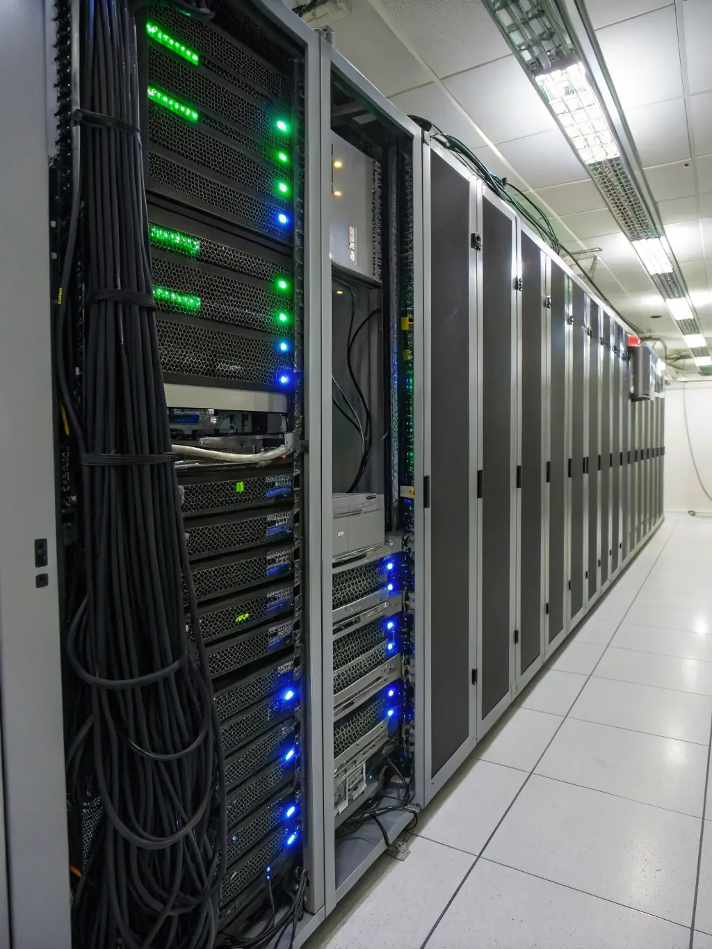 A server room with data replication processes visualized, showing real-time data transfer and backup systems ensuring data integrity.