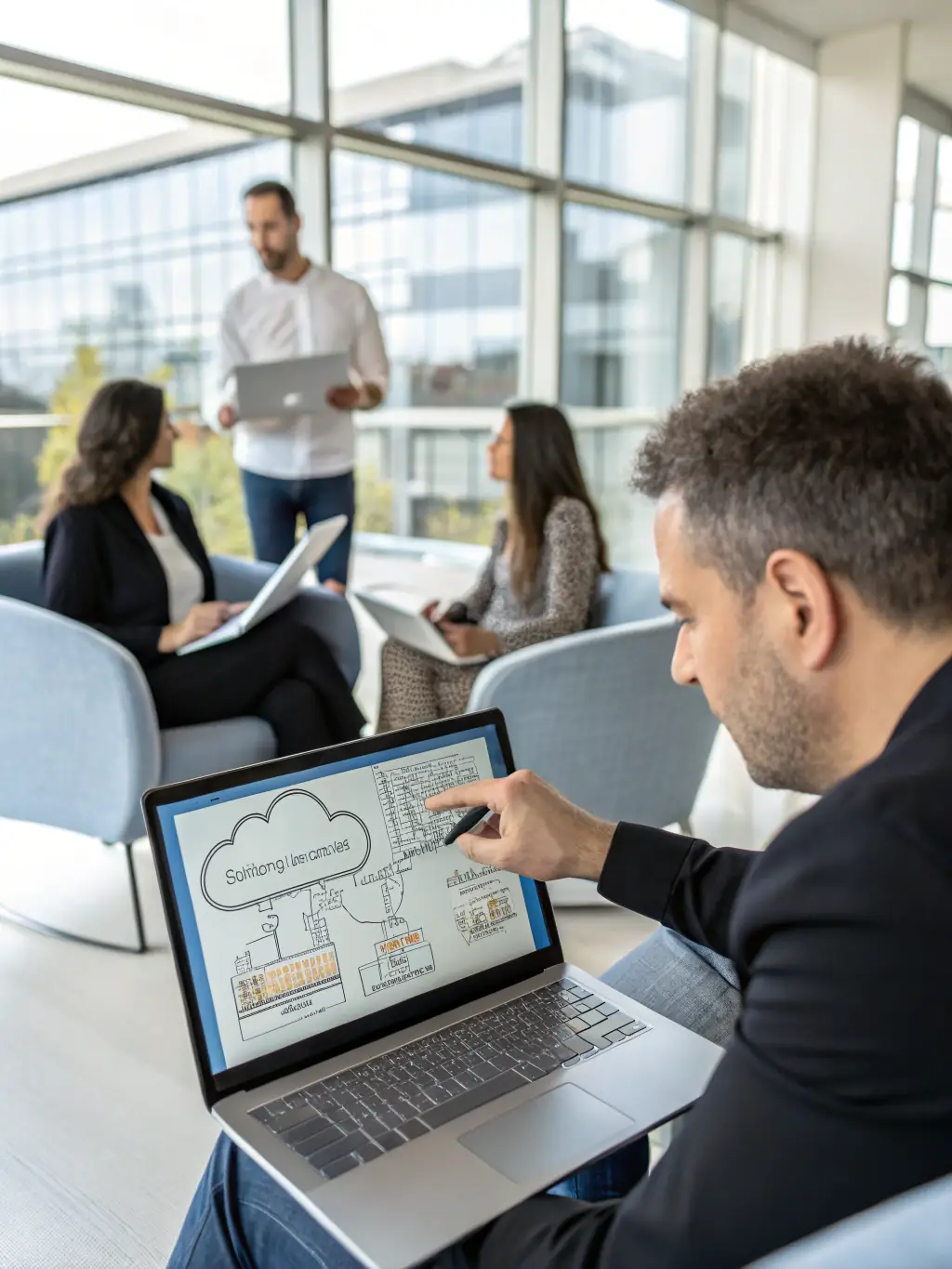 S4B Tech consultants presenting a cloud migration strategy to a client, highlighting the benefits of cloud computing for scalability and cost efficiency.
