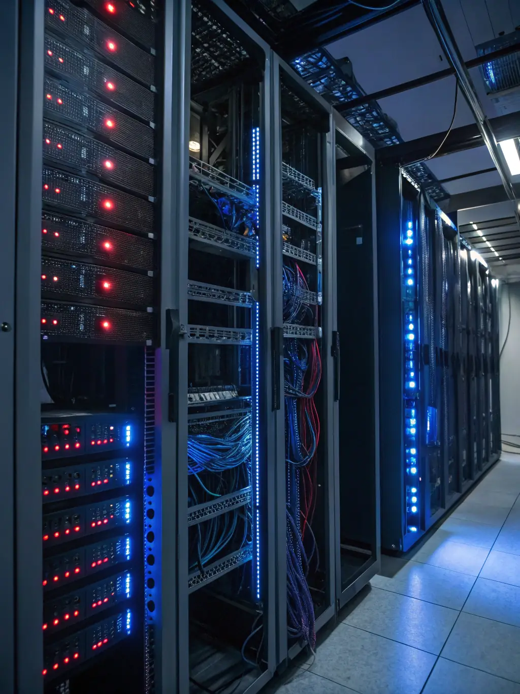 An image showing outdated, tangled computer cables and servers, symbolizing technological inefficiencies. The image should have a sense of chaos and disorganization.