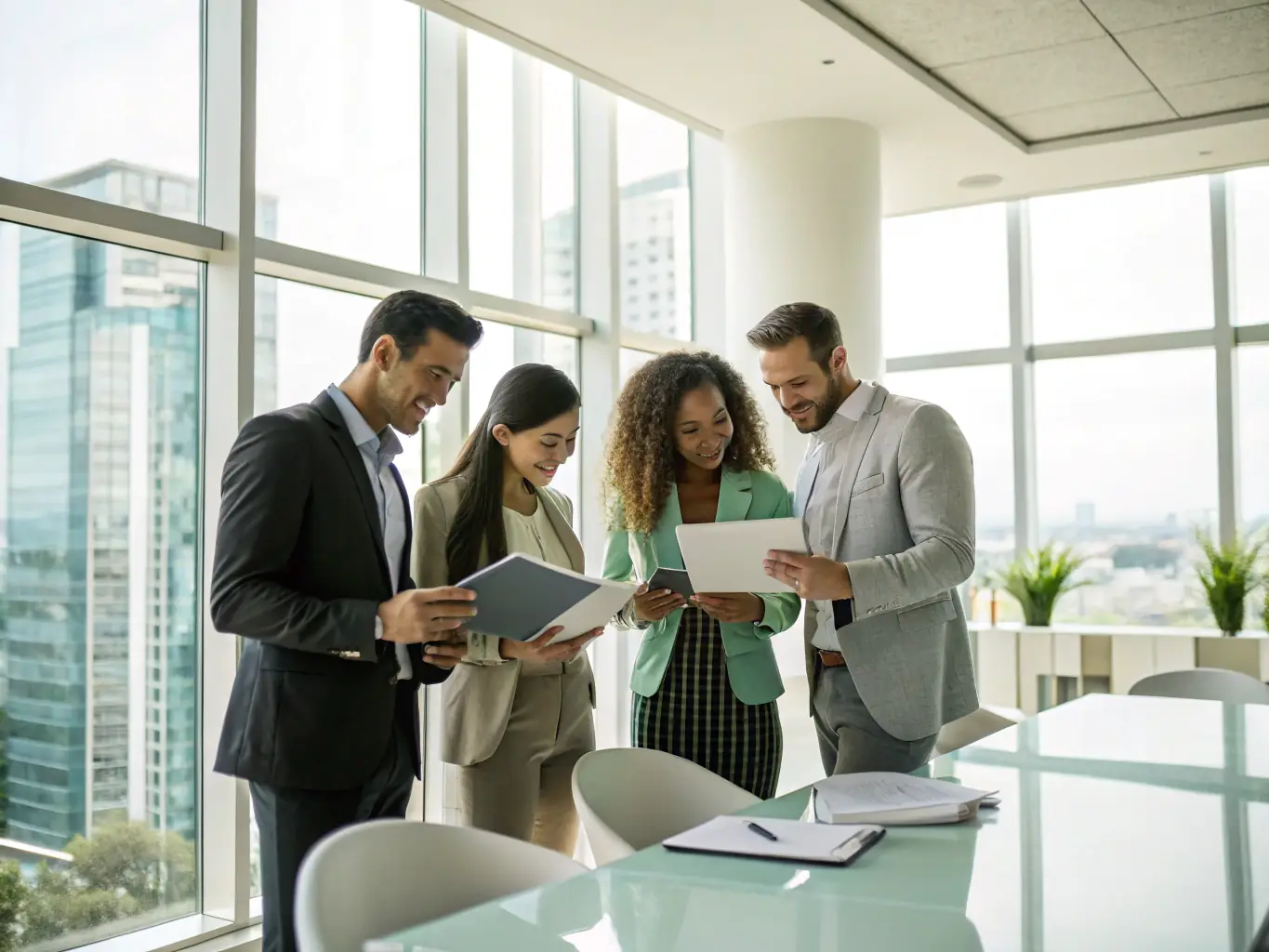 A professional team of IT consultants collaborating in a modern office setting, discussing strategic plans and roadmaps for a client's IT infrastructure.