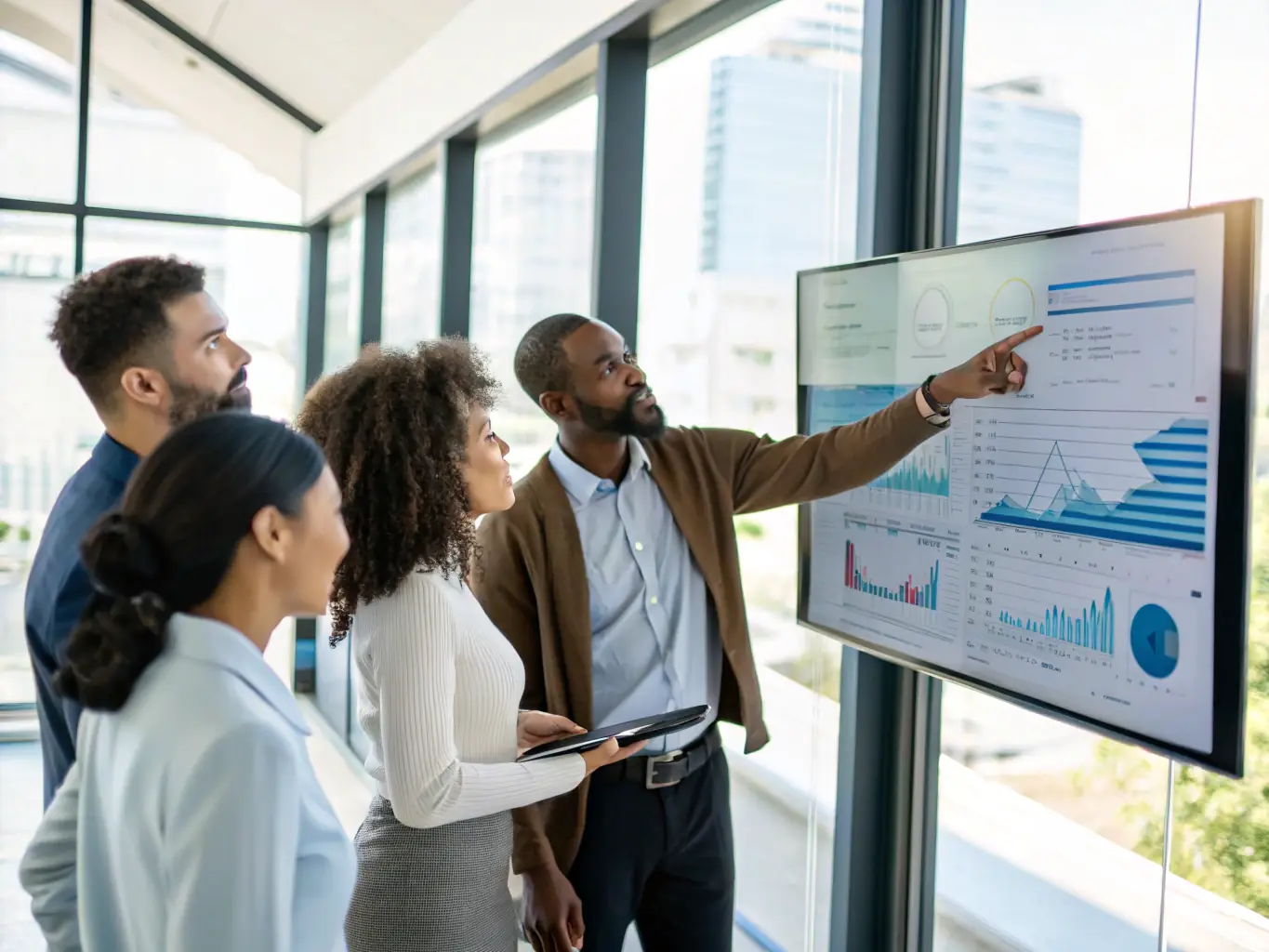 A team of consultants analyzing data on multiple screens in a modern office, representing diagnostics and certifications.