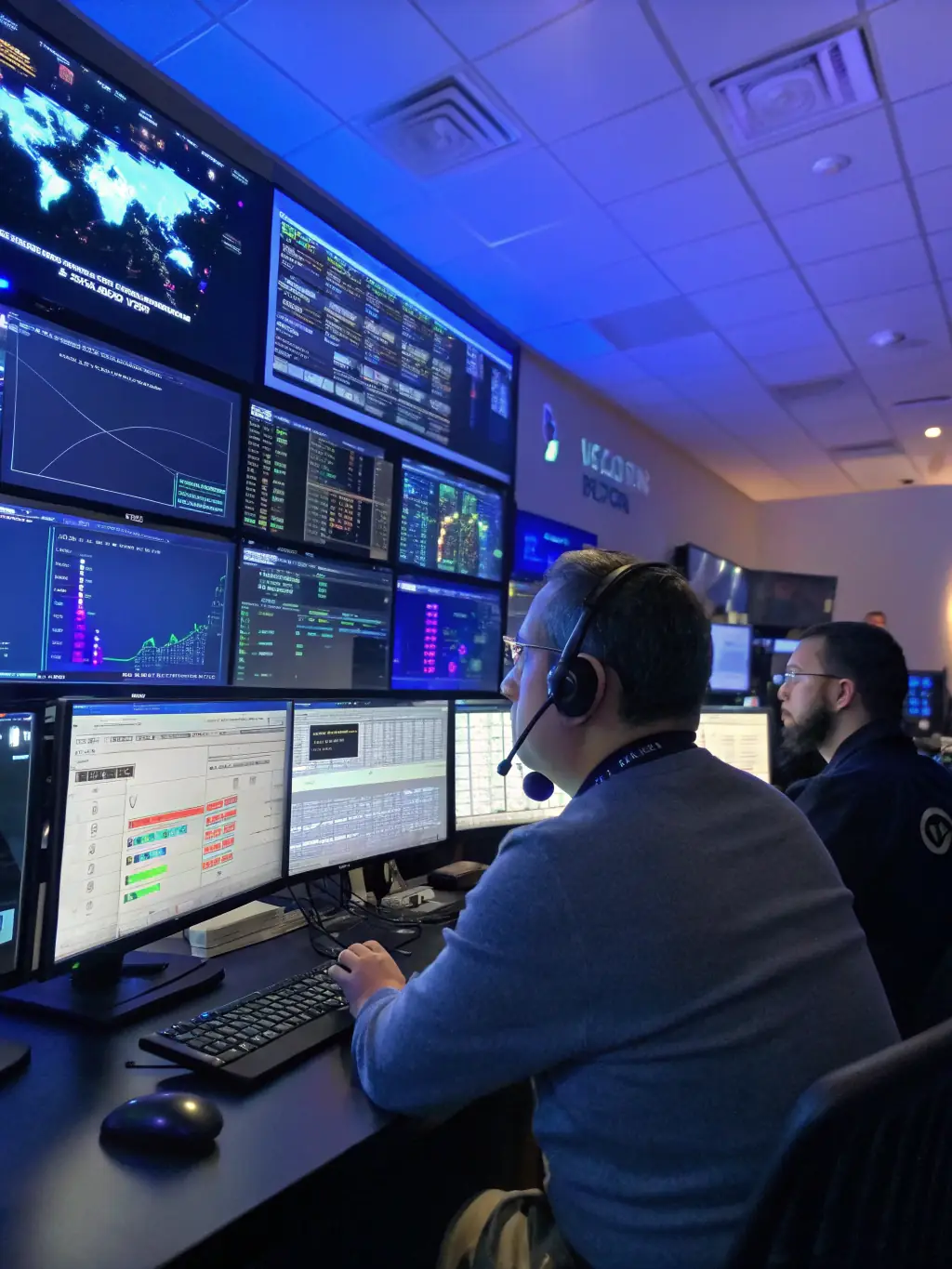 A team of IT specialists monitoring a network operations center, ensuring system uptime and proactive issue resolution for clients.