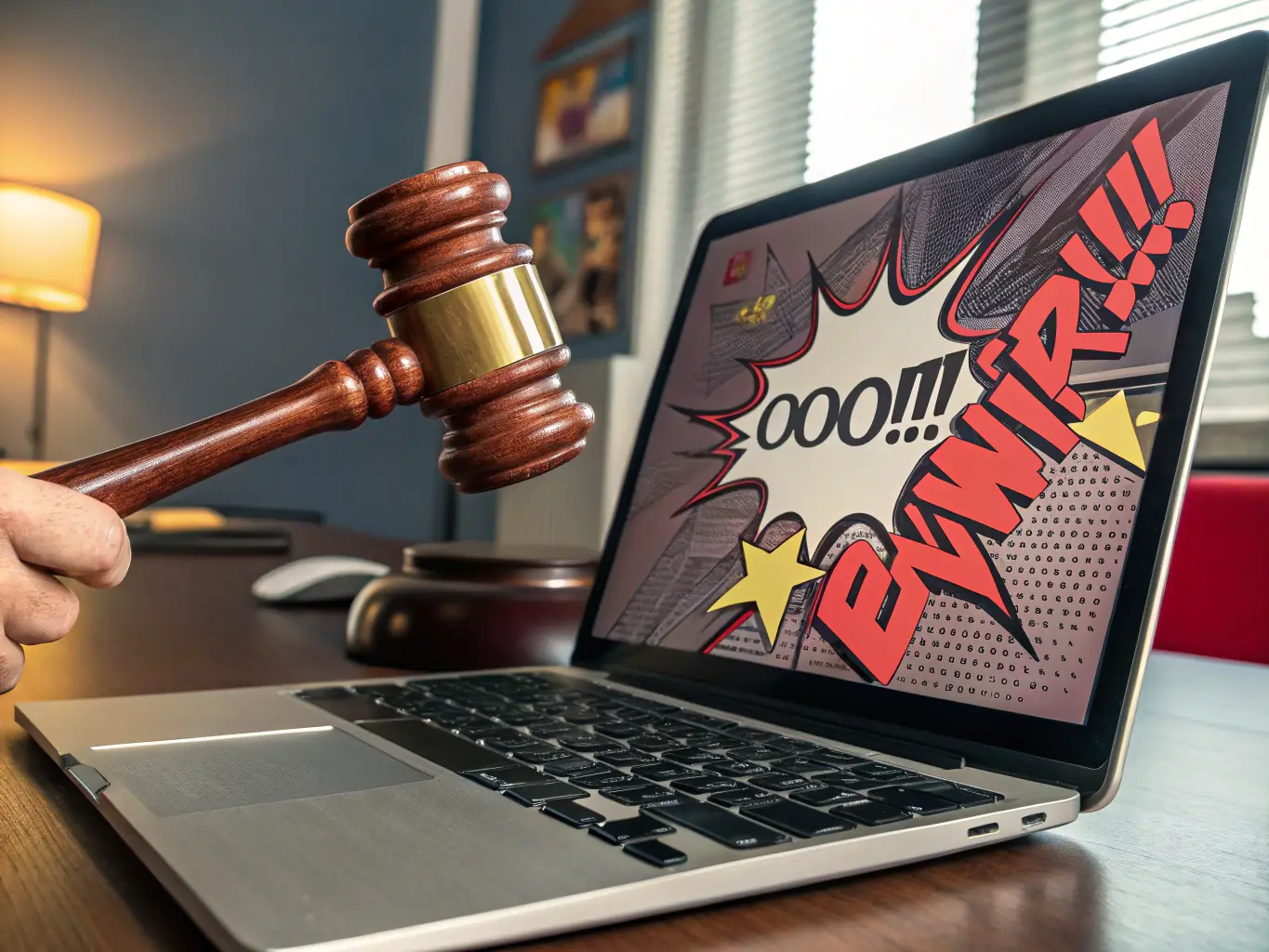 A visual representation of a gavel striking down on a digital screen, symbolizing takedown management of infringing content.