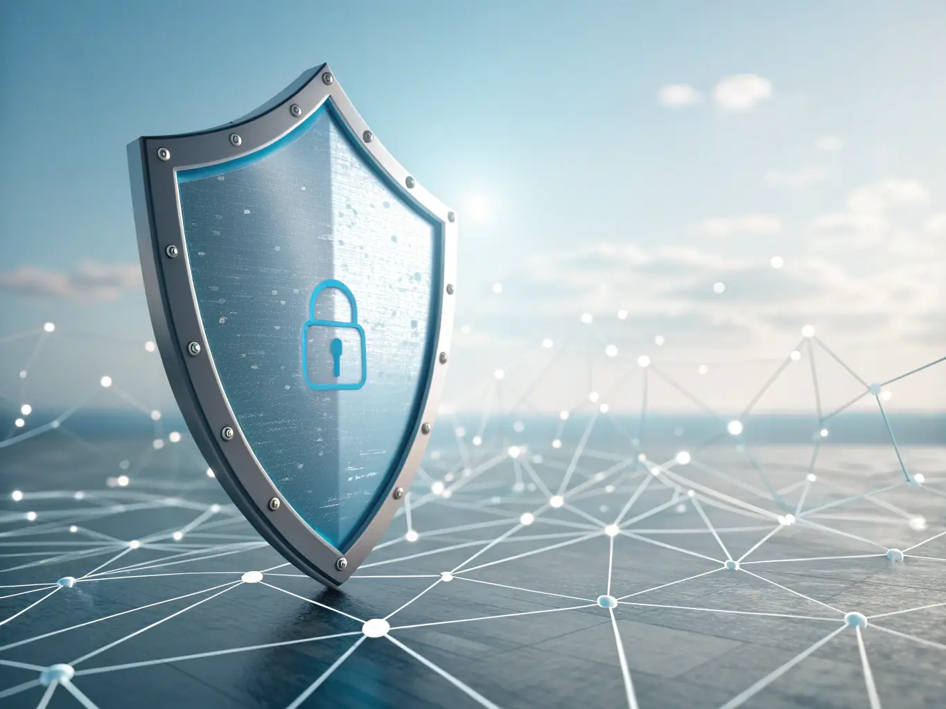 A digital illustration depicting a shield protecting a company logo from various cyber threats, symbolizing corporate domain protection.