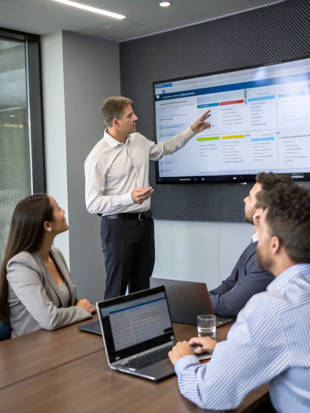 A consultant in a bright, modern office setting, guiding a small group of trainees through a complex software simulation on large monitors, emphasizing hands-on learning and problem-solving.