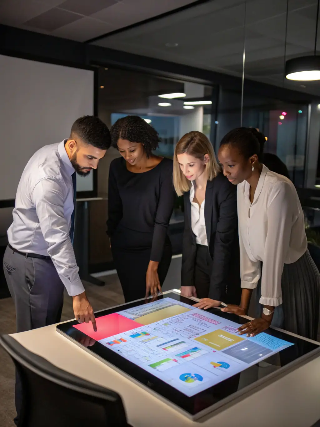 A diverse team of S4B Tech consultants collaborating on a strategic direction project, using data analytics and AI-driven insights.