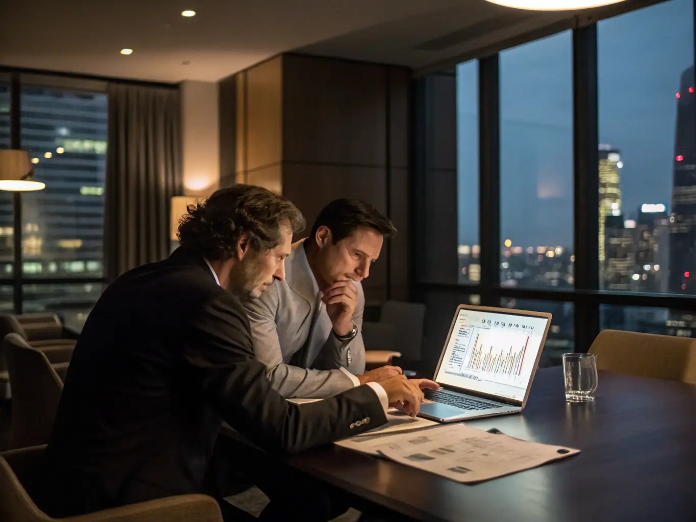 A consultant deeply engaged in a strategic planning session with a client, reviewing data and charts on a tablet, set in a modern office environment.
