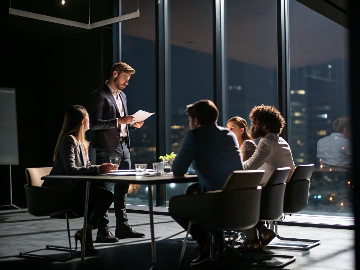 A professional project manager is leading a meeting with a diverse team in a modern office setting. The atmosphere is collaborative and focused, with team members actively participating and contributing ideas.