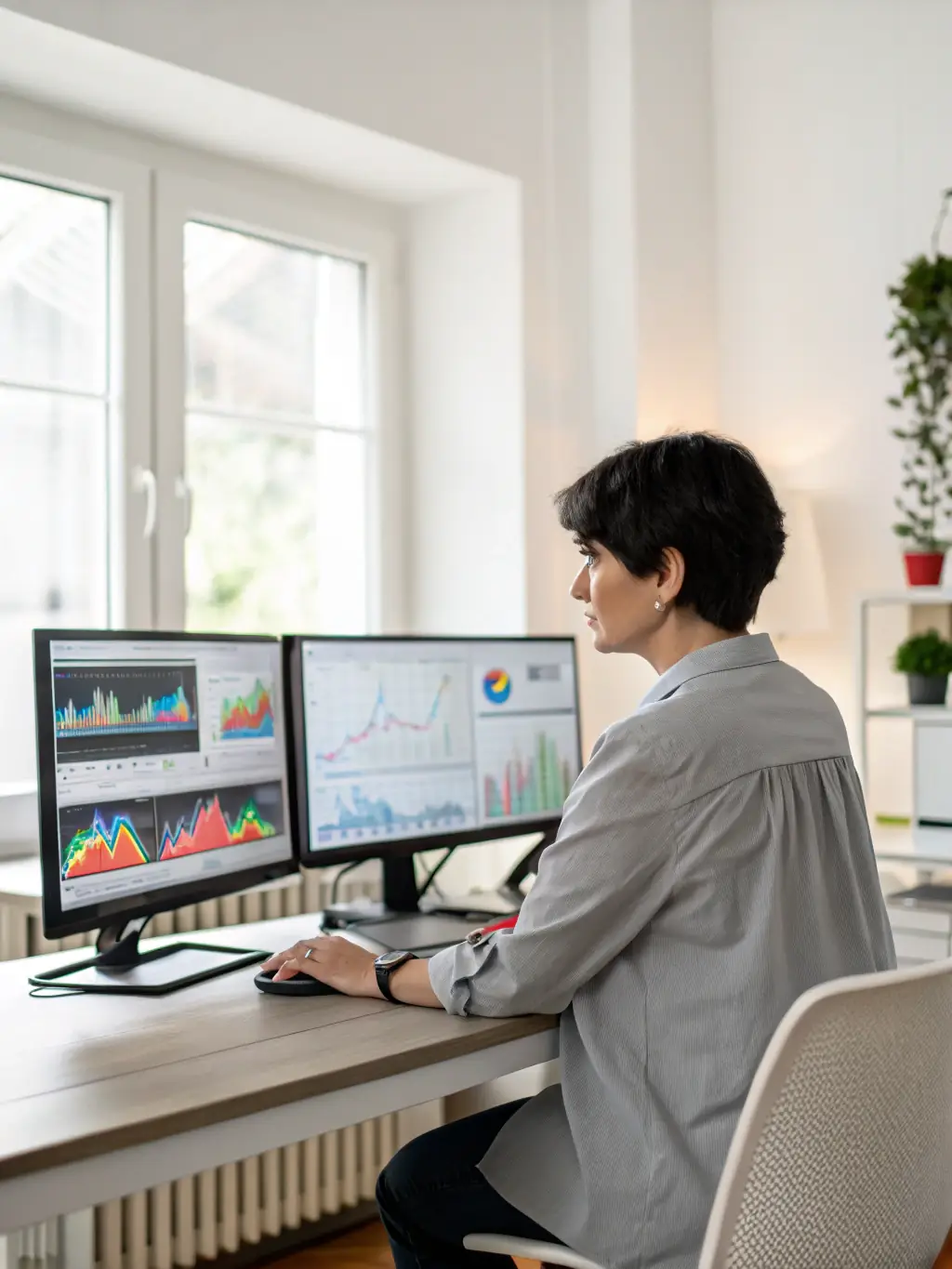 A consultant meticulously structuring a proposal on a laptop, with data visualizations and key selling points highlighted, representing S4B Tech's proposal structuring expertise.