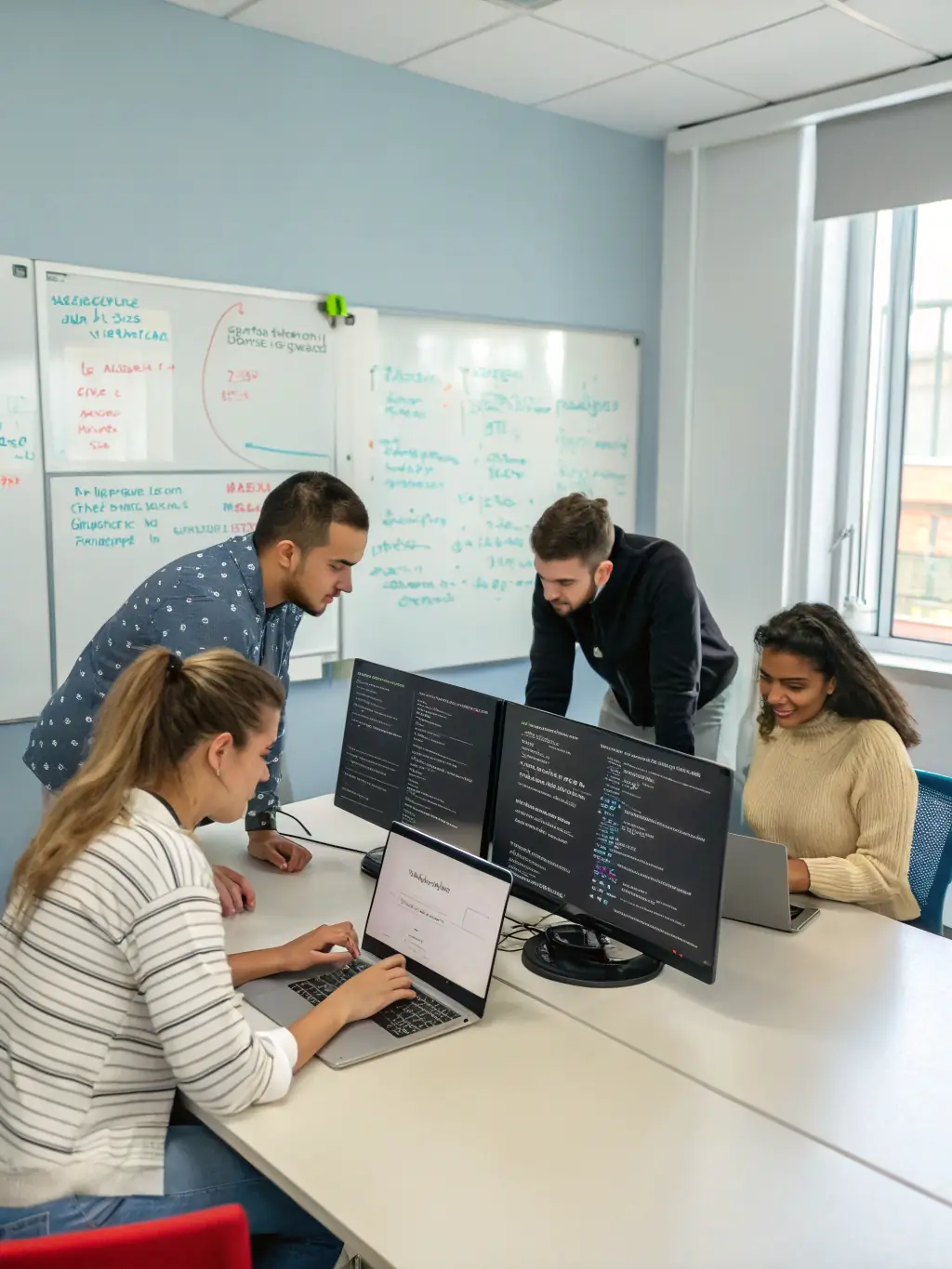A diverse team of IT professionals collaborating on a practical coding exercise, with laptops and whiteboards filled with diagrams, showcasing collaborative problem-solving.