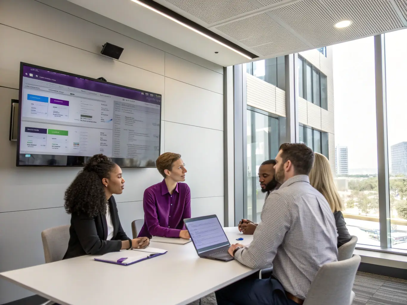 A diverse team of S4B Tech consultants collaborating closely with a client, reviewing customer journey maps and feedback analytics on a large interactive display, illustrating a collaborative approach to understanding and improving customer experience.