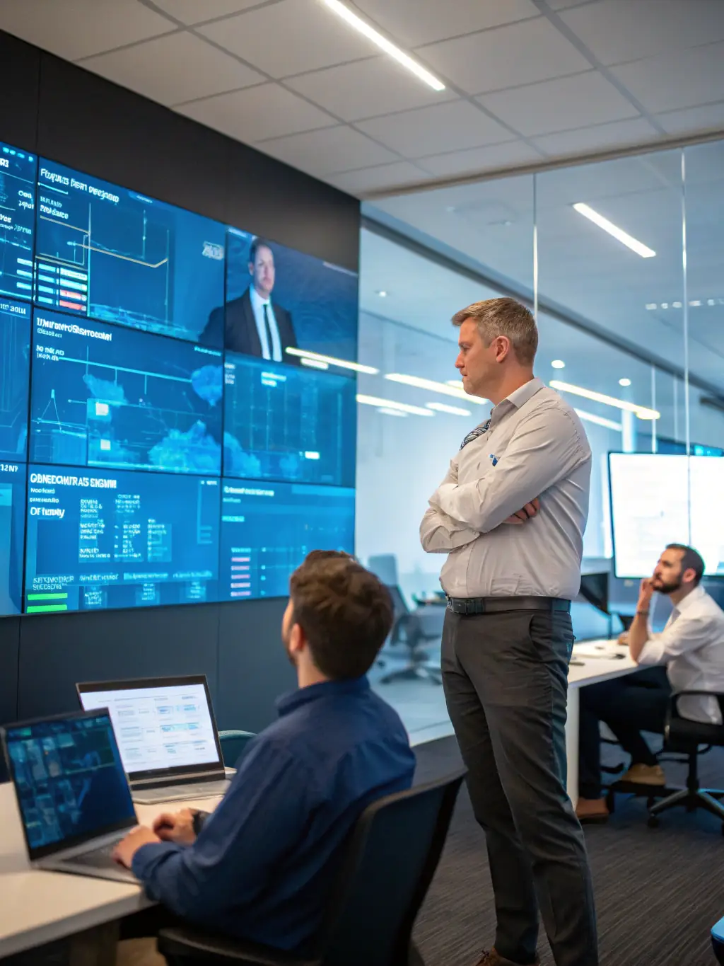 A project manager overseeing the seamless integration of different software systems, with data flowing smoothly between platforms, highlighting improved data flow and operational efficiency.