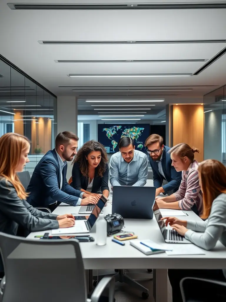 A professional photo of a diverse team of IT consultants collaborating in a modern office, symbolizing S4B Tech's collaborative approach to compliance and risk management.