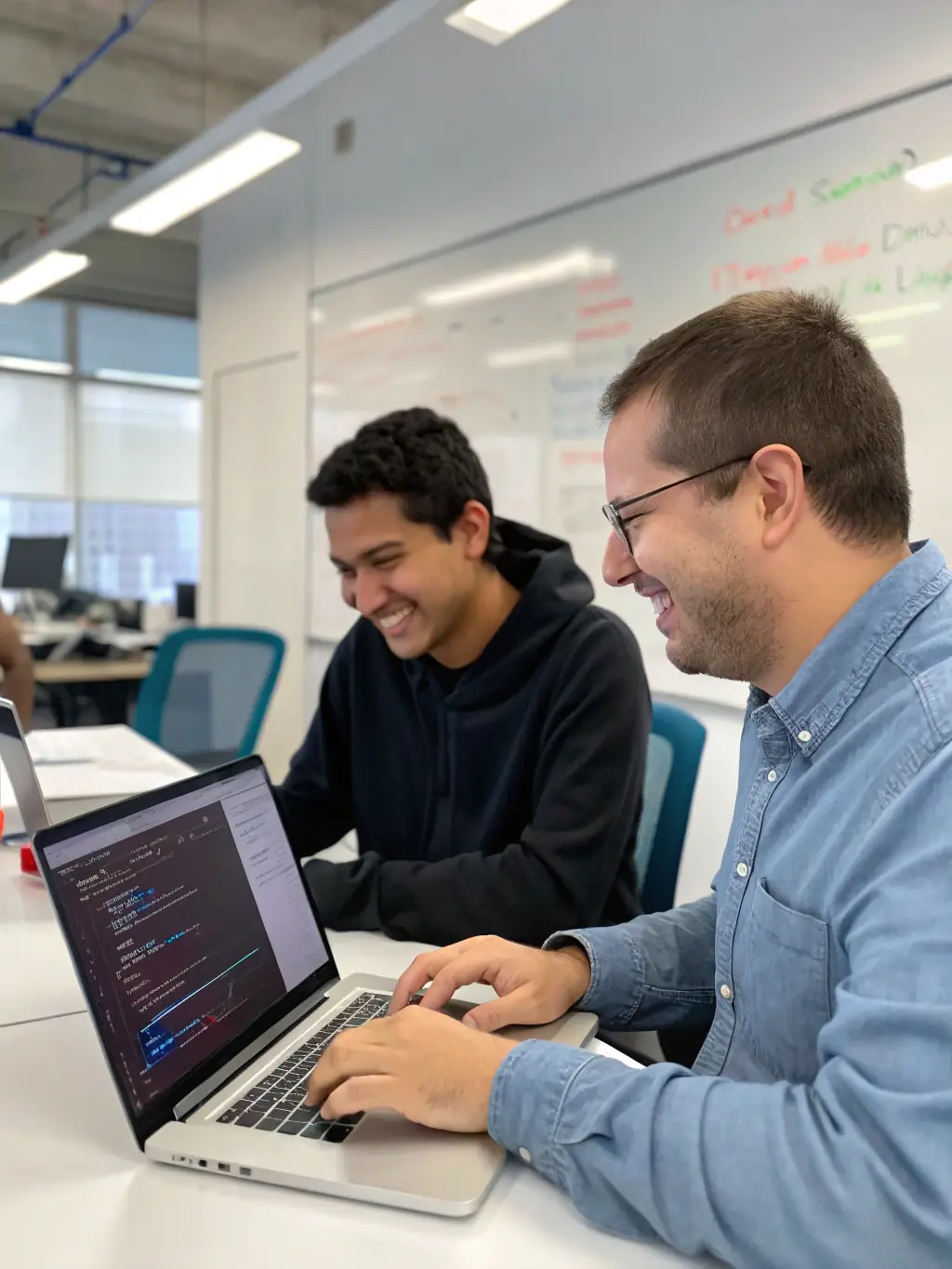 A senior IT consultant mentoring a junior colleague, reviewing code and providing guidance in a modern office space, highlighting personalized support and knowledge transfer.