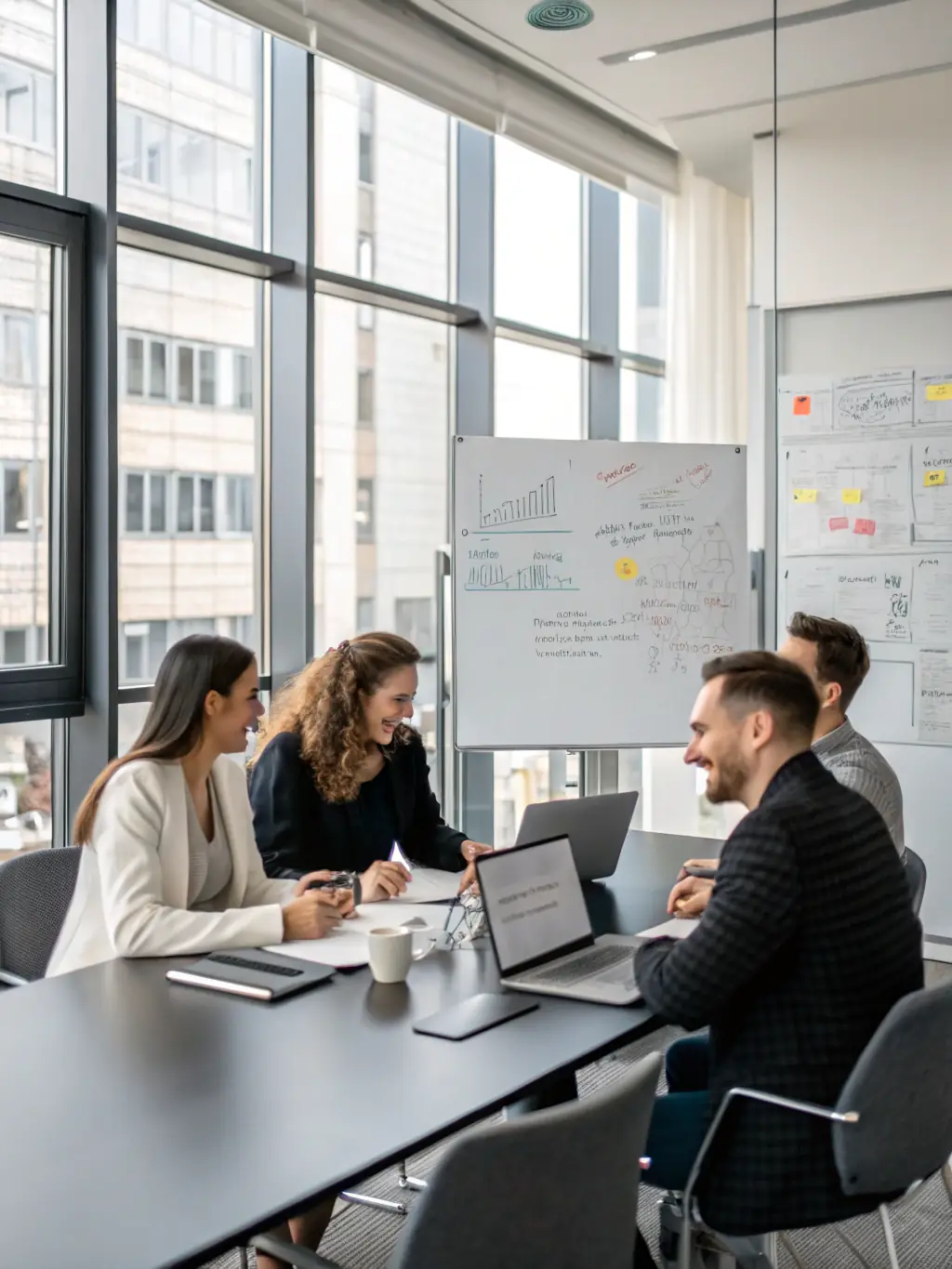 A close-up shot of a diverse team of S4B Tech consultants collaborating around a digital whiteboard, brainstorming solutions for a client's operational challenges, showcasing their agile approach.