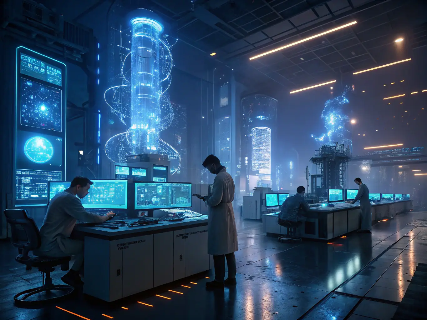An AI specialist working on a machine learning model, with lines of code displayed on a screen, set in a high-tech research and development lab.