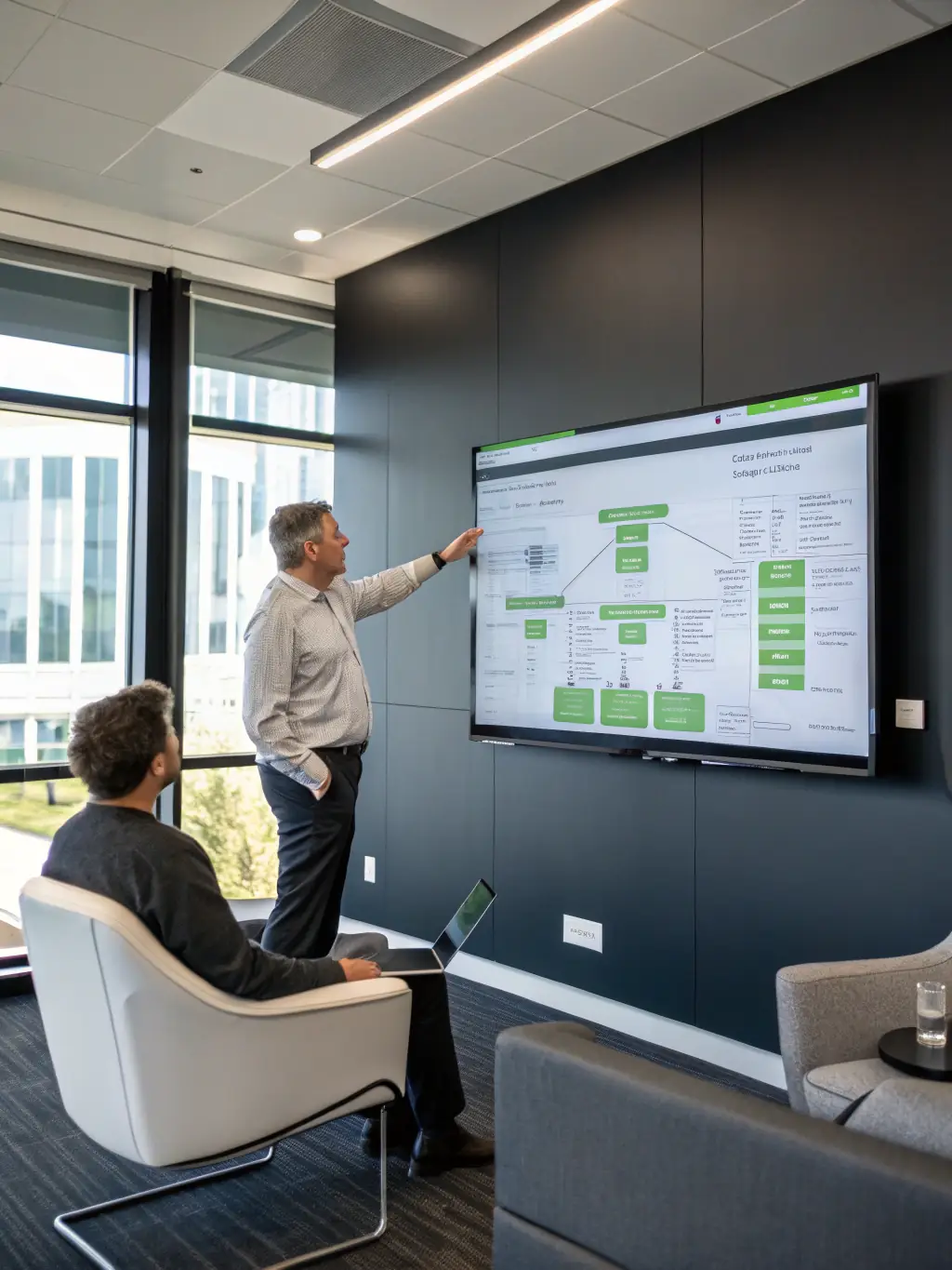 A senior S4B Tech architect presenting a cloud migration strategy to a client, using visual aids to explain the benefits and implementation process.