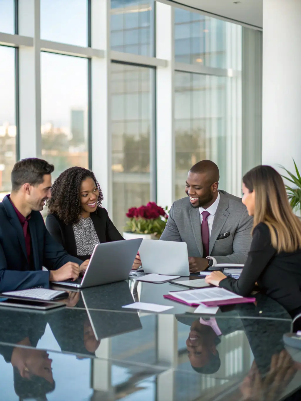 A diverse team of S4B Tech consultants collaborating in a modern office space, brainstorming innovative solutions for a client's technological challenges.