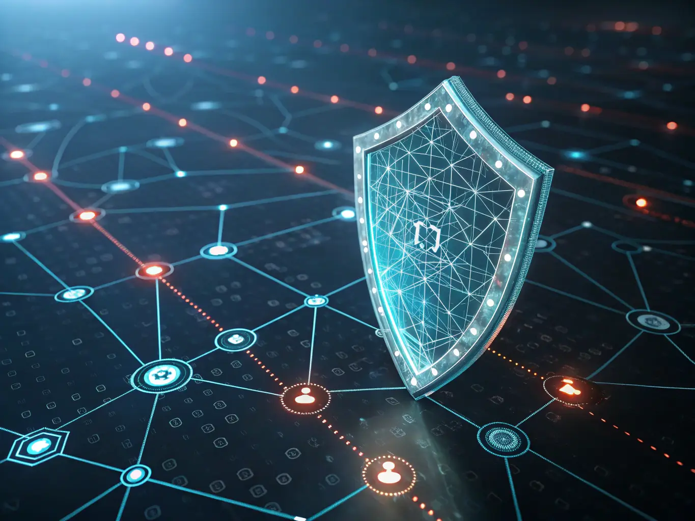 A digital illustration depicting a shield protecting a domain name, symbolizing domain protection services. The background includes various website icons and network connections.